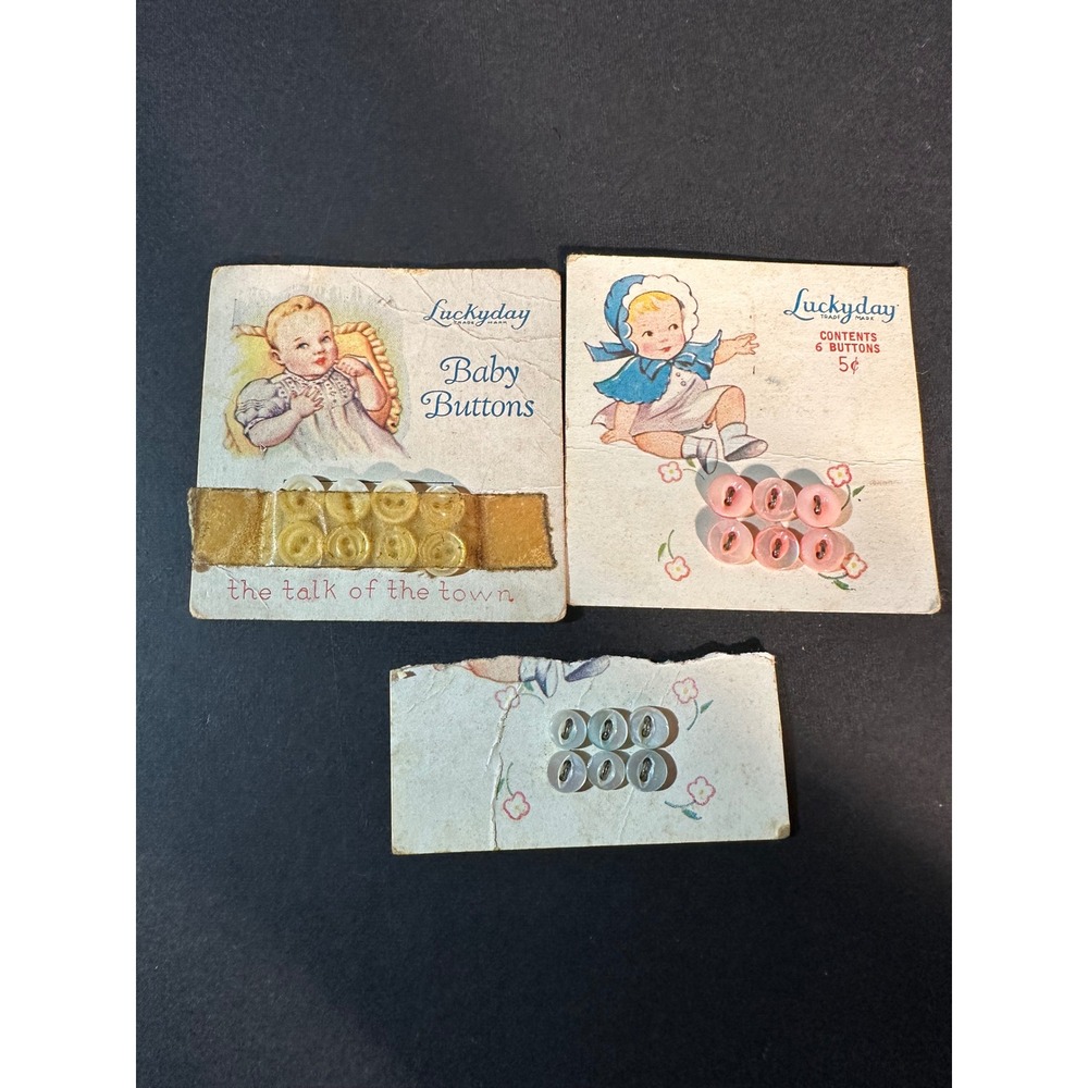 Vintage Luckyday Baby Buttons Lot 3 Cards Pink White Iridescent Sewing Notions